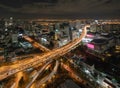 Aerial view of busy cars with traffic jam in the rush hour on highway road street on bridge in Bangkok Downtown, urban city in Royalty Free Stock Photo