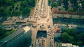 Aerial view of busy city streets intersection in Warsaw, Poland