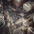 Aerial view of busy financial district with people rushing to meetings representing fast-paced and competitive nature of