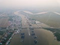 Aerial view busy fishing village at Kuala Kurau