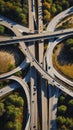 aerial view of a busy metropolitan highway intersection showing a complex network of roads lanes and ramps