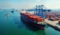 Aerial view of busy port. Many container ships docked, navigating. Global trade, maritime logistics clearly visible. Cargo ships