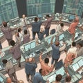 Aerial view of busy stock exchange with traders shouting and gesturing representing intensity and competitiveness of