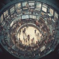 Aerial view of busy stock exchange with traders shouting and gesturing representing intensity and competitiveness of