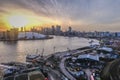 Aerial view from the cable car at dusk with the sun setting behind the O2 dome Royalty Free Stock Photo