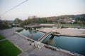 Aerial view from cable car of park and lake with bridges at Upper Silesia, Katowice and Chorzow attractions, Poland Royalty Free Stock Photo