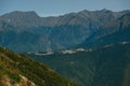 aerial view from cable car to the Rosa Khutor resort in Sochi, Russia against of the Caucasus mountains Royalty Free Stock Photo