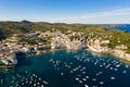 Aerial view of Cadaques shoreline in summer, Catalonia, Spain