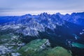 Aerial view of Cadini mountain group in evening dusk light, Sesto Dolomites, South Tirol, Italy Royalty Free Stock Photo