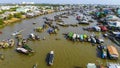 Aerial view of Cai Rang floating market, Can Tho, Vietnam. Cai Rang is famous market in mekong delta, Vietnam. Tourists, people Royalty Free Stock Photo