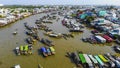 Aerial view of Cai Rang floating market, Can Tho, Vietnam. Cai Rang is famous market in mekong delta, Vietnam. Tourists, people Royalty Free Stock Photo