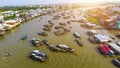 Aerial view of Cai Rang floating market, Can Tho, Vietnam. Cai Rang is famous market in mekong delta, Vietnam. Tourists, people Royalty Free Stock Photo