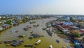 Aerial view of Cai Rang floating market, Can Tho, Vietnam. Cai Rang is famous market in mekong delta, Vietnam. Tourists, people Royalty Free Stock Photo