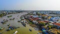 Aerial view of Cai Rang floating market, Can Tho, Vietnam. Cai Rang is famous market in mekong delta, Vietnam. Tourists, people Royalty Free Stock Photo