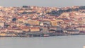 Aerial view of the Cais Do Sodre ferry terminal by the Tage river timelapse in Lisbon, Portugal