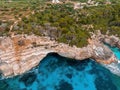 Aerial view, Cala d'es Moro, rocky coast at Cala de s'Almonia Royalty Free Stock Photo