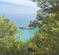 Aerial view of Cala Luna beach near Cala Gonone, Gulf of Orosei, Sardinia island, Italy. White sand beach with lime Royalty Free Stock Photo