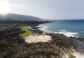 Aerial view of the Caleta del MojÃÂ³n Blanco, sandy desert beach and rugged coastline. Lanzarote, Spain. Africa