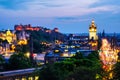 Aerial view from Calton Hill in Edinburgh, Scotland. The city with illuminated Castle and Clock Tower Royalty Free Stock Photo