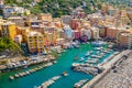 Aerial view of Camogli. Colorful buildings near the ligurian sea beach. View from above on boats and yachts moored in marina with Royalty Free Stock Photo