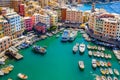 Aerial view of Camogli. Colorful buildings near the ligurian sea beach. View from above on boats and yachts moored in marina with