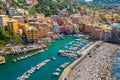 Aerial view of Camogli. Colorful buildings near the ligurian sea beach. View from above on boats and yachts moored in marina with Royalty Free Stock Photo