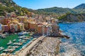 Aerial view of Camogli. Panorama of Castle della Dragonara and Basilica Santa Maria Assunta. Colorful buildings near the ligurian