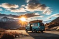 Aerial view, camper van and view of Mountain