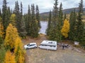 aerial view camping caravan near river autumn fall landscape along Ammarnas National Park in Lapland Sweden Royalty Free Stock Photo