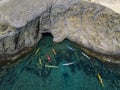 Aerial view of canoes sailing near the coastlines and beaches of Lanzarote, Spain, Canaries