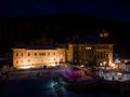 Aerial view of Cantacuzino Castle in winter. Busteni, Romania.