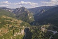 Aerial view of the canyon of the Tara river, mountains and Djurdzhevich bridge, Montenegro, Europe