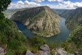 Aerial view of Canyons of the Sil river in the Ribeira Sacra zone of Galicia in springtime since Vilouxe viewpoint. Ourense, Spain