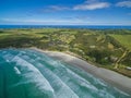 Aerial view of Cape Bridgewater beach, settlement, and wind farm in Victoria, Australia. Royalty Free Stock Photo