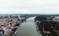 Aerial view of capital of Slovakia - Bratislava old town and Danube river with bridge on background. Panoramic view of Bratislava