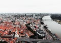 Aerial view of capital of Slovakia - Bratislava old town with downtown on background. Panoramic view of Bratislava city on moody