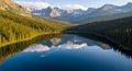 Mountain range reflected in a crystal clear deep blue lake surrounded by dense green pine forest Keywords: mountain Royalty Free Stock Photo