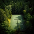 aerial view captures a tennis field nestled within a serene wooded area.