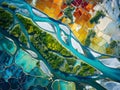aerial view capturing the geometric patterns of a river delta in vibrant hues