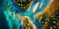 aerial view capturing the geometric patterns of a river delta in vibrant hues