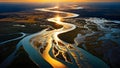 aerial view capturing the geometric patterns of a river delta in vibrant hues