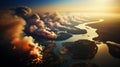 Aerial view capturing a massive wildfire's impact. AI generation
