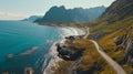 Aerial view of car driving on paved road going through. Generative Ai Royalty Free Stock Photo