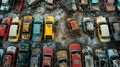 Aerial view of a car junkyard. Old cars waiting to be shredded in a recycling park