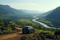 Aerial view of car near mountain river, scenic landscape with vehicle overlooking river Royalty Free Stock Photo