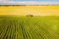 Aerial View Of Car SUV Parked Near Countryside Road In Spring Field Rural Landscape. Car Between Young Wheat And Corn Royalty Free Stock Photo