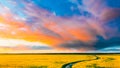 Aerial View Of Car SUV Parked Near Countryside Road In Spring Field Rural Landscape. Flowering Blooming Rapeseed Royalty Free Stock Photo