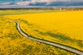 Aerial View Of Car SUV Parked Near Countryside Road In Spring Field Rural Landscape. Flowering Blooming Rapeseed