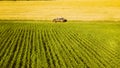 Aerial View Of Car SUV Parked Near Countryside Road In Spring Field Rural Landscape. Car Between Young Wheat And Corn Royalty Free Stock Photo