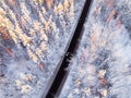 Aerial view of a car on winter road in the forest. Winter landscape countryside. Aerial photography of snowy forest with a car on Royalty Free Stock Photo